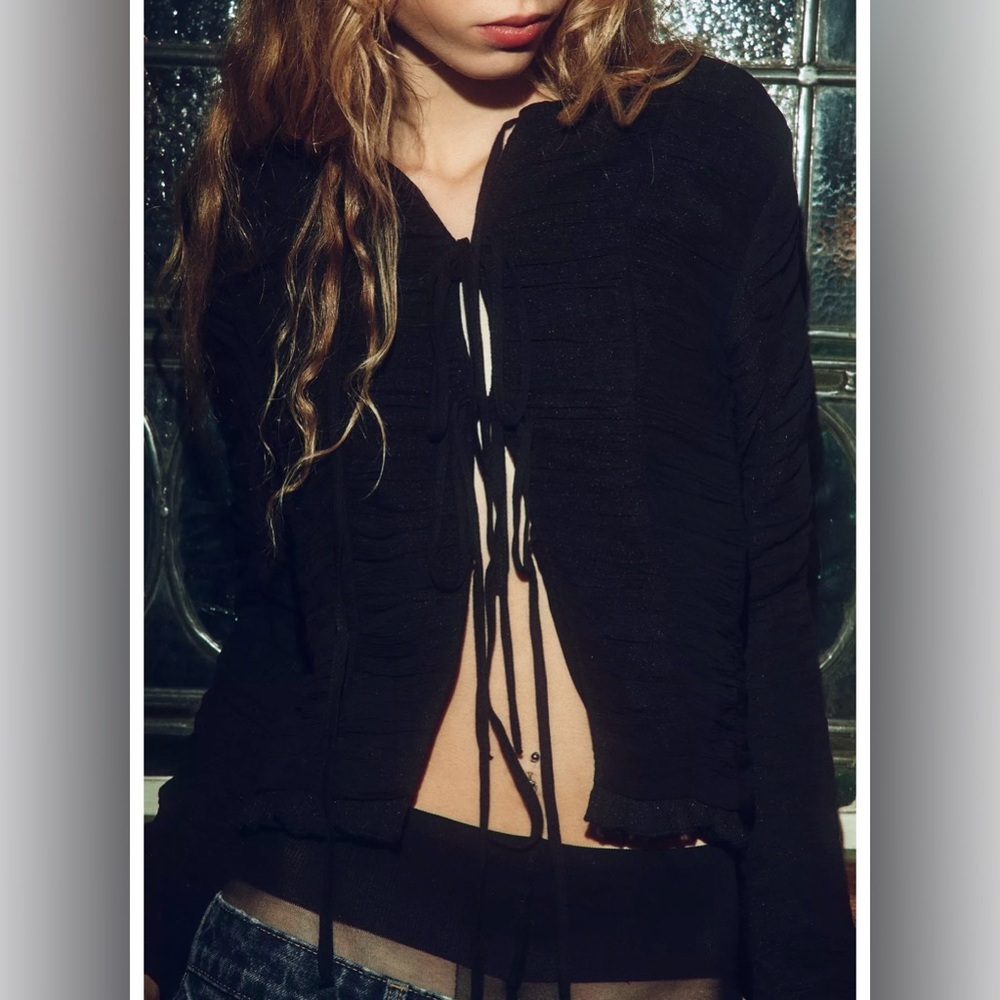 Zara tulle rushed Black Long Sleeve Top with ties XS - Picture 2 of 13